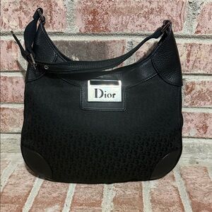 Womens Christian Dior Trotter Black Oblique Canvas Hobo HandBag